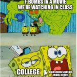 Why is it that high-schoolers react like this to swear words in a movie for class, but not when they watch it on their own time? | F-BOMBS IN A MOVIE WE'RE WATCHING IN CLASS; HIGH SCHOOL STUDENTS, MIDDLE SCHOOL STUDENTS, AND LITERALLY EVERY OTHER KIND OF STUDENT; COLLEGE STUDENTS | image tagged in spongebob squarepants scared but also not scared | made w/ Imgflip meme maker