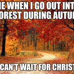 Road in Autumn | ME WHEN I GO OUT INTO A FOREST DURING AUTUMN; ME: I CAN'T WAIT FOR CHRISTMAS | image tagged in road in autumn | made w/ Imgflip meme maker