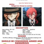 Chuya Nakahara | CHUYA NAKAHARA; Upon the Tainted Sorrow; Japanese; 29th, April; Grey; 5'2"; Orange; 132 lbs; Male; With his ability red marks all over his body; Asian; Chuya Nakahara | image tagged in fbi wanted posted free to use | made w/ Imgflip meme maker