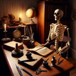 an english teacher skeleton waiting in the desk