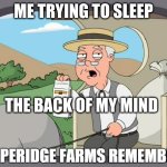 PEPPERIDGE FARMS REMEMBERS | ME TRYING TO SLEEP; THE BACK OF MY MIND | image tagged in pepperidge farms remembers | made w/ Imgflip meme maker