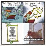 The Scroll Of Truth Out Of Window | WOMEN ARE SECRETLY TAKING OVER THE WORLD; EVERY MAN FOR HIMSELF | image tagged in the scroll of truth out of window | made w/ Imgflip meme maker