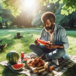 sigma black man eating fried chicken and watermelon