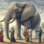 An image of an elephant being touched by several blind people, e