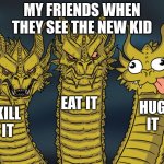 Three-headed Dragon | MY FRIENDS WHEN THEY SEE THE NEW KID; EAT IT; HUG IT; KILL IT | image tagged in three-headed dragon | made w/ Imgflip meme maker