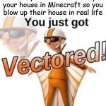 VECTORED | When your friend blows up your house in Minecraft so you blow up their house in real life | image tagged in you just got vectored | made w/ Imgflip meme maker