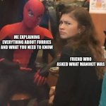 spidey´s guide to furries | ME EXPLAINING EVERYTHING ABOUT FURRIES AND WHAT YOU NEED TO KNOW; FRIEND WHO ASKED WHAT MANOKIT WAS | image tagged in spider man explaining | made w/ Imgflip meme maker