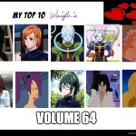 top 10 waifus volume 64 | VOLUME 64 | image tagged in the 10 waifus,top 10 waifus,anime,cartoons,elvira,jujutsu kaisen | made w/ Imgflip meme maker