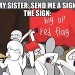 Send me a sign | MY SISTER: SEND ME A SIGN 
THE SIGN: | image tagged in big ol' red flag | made w/ Imgflip meme maker