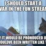 NyEhEhEh | I SHOULD START A WAR IN THE FUN STREAM; IF IT WOULD BE PRONOUCED JIF IT WOULDVE BEEN WRITTEN LIKE THAT | image tagged in memes,i should buy a boat cat | made w/ Imgflip meme maker