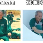 Lol | SECOND SEMESTER; FIRST SEMESTER | image tagged in squid game then and now | made w/ Imgflip meme maker