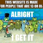 Alright I get It | THIS WEBSITE IS MADE FOR PEOPLE THAT ARE 13 OR OL- | image tagged in alright i get it | made w/ Imgflip meme maker