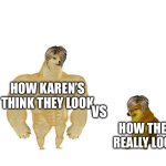 Karen’s be like | HOW KAREN’S THINK THEY LOOK; VS; HOW THEY REALLY LOOK | image tagged in dodge chad vs virgin | made w/ Imgflip meme maker