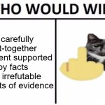 Who Would Win? | A carefully put-together argument supported by facts and irrefutable amounts of evidence | image tagged in memes,who would win,funny,funny memes,relatable,your argument is invalid | made w/ Imgflip meme maker