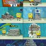 Factual proof that Monday isn't the worst day of the week. | On Monday, we are refreshed from the weekend. Tuesdays aren't worse than Mondays. You aren't completely burnt out yet on Monday. You ease into school/work, and still have some motivation. Tuesday is back to max effort and work again. No one goes full throttle on a Monday. Monday actually serves a purpose, while Tuesday doesn't serve any purpose. | image tagged in spongebob shows patrick garbage | made w/ Imgflip meme maker