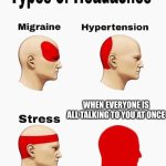 Headaches | WHEN EVERYONE IS ALL TALKING TO YOU AT ONCE | image tagged in headaches,annoying people,ahhhhhhhhhhhhh,talking | made w/ Imgflip meme maker