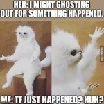 Wait what?! | HER: I MIGHT GHOSTING OUT FOR SOMETHING HAPPENED. ME: TF JUST HAPPENED? HUH? | image tagged in confused white monkey | made w/ Imgflip meme maker