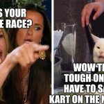 Smudge that darn cat with Karen | WHAT'S YOUR FAVORITE RACE? WOW THAT'S A TOUGH ONE. BUT I'D HAVE TO SAY MARIO KART ON THE NINTENDO 64. | image tagged in smudge that darn cat with karen | made w/ Imgflip meme maker