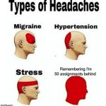 Types of Headaches meme | Remembering I'm 50 assignments behind | image tagged in types of headaches meme | made w/ Imgflip meme maker