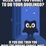 Yeah, Oh No. | HELLO, DID YOU FORGET TO DO YOUR DUOLINGO? IF YOU DID, THEN YOU MADE THE WRONG CHOICE, MATE. | image tagged in duolingo bird,yeah,oh,no,what do we do,it's duo | made w/ Imgflip meme maker