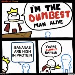 What | BANANAS ARE HIGH IN PROTEIN | image tagged in i'm the dumbest man alive | made w/ Imgflip meme maker