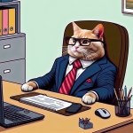 A funny cat wearing business suit sitting at office desk, meme s