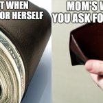 Mom's wallet | MOM'S WALLET WHEN SHE BUYS STUFF FOR HERSELF; MOM'S WALLET WHEN YOU ASK FOR $20 FROM HER | image tagged in full wallet and empty wallet,wallet,empty,full,money | made w/ Imgflip meme maker