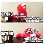 elmo cocaine | SAYING HI; MY BRAIN ROTTED FRIEND; SAYING SUP MY SKIBIDI SIGMA; MY BRAIN ROTTED FRIEND; SAYING HI; SAYING SUP MY SKIBIDI SIGMA | image tagged in elmo cocaine | made w/ Imgflip meme maker