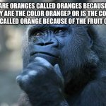 Think about it | ARE ORANGES CALLED ORANGES BECAUSE THEY ARE THE COLOR ORANGE? OR IS THE COLOR ORANGE CALLED ORANGE BECAUSE OF THE FRUIT ORANGE? | image tagged in deep thoughts | made w/ Imgflip meme maker