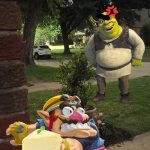 Wario dies by stealing Shrek's cheesecake | image tagged in hubs landscaping ideas,shrek,wario dies,crossover | made w/ Imgflip meme maker