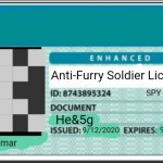 Blank Hunting License Template | Anti-Furry Soldier License; SPY; He&5g; 9/12/2020; 9/12/2914; Jaymar | image tagged in blank hunting license template,anti furry,spy | made w/ Imgflip meme maker