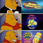 >insert charlie brown christmas sad theme< | image tagged in tuxedo on top winnie the pooh 3 panel,magic school bus | made w/ Imgflip meme maker