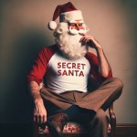 Santa sat wearing a t-shirt which reads "secret Santa"