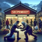 two bums fighting in front of supermarket