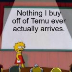 Temu problems | Nothing I buy off of Temu ever actually arrives. | image tagged in lisa simpson's presentation,temu,online,online shopping | made w/ Imgflip meme maker