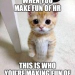 Innocent HR | WHEN YOU MAKE FUN OF HR; THIS IS WHO YOU'RE MAKING FUN OF | image tagged in memes,cute cat | made w/ Imgflip meme maker