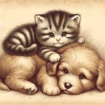 cute kitten sitting on a puppy