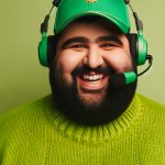 chubby man wearing a headset and a celtics green sweater and hat