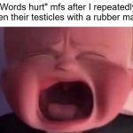 Tell me more about how being insulted hurts more than having your nuts smashed. | "Words hurt" mfs after I repeatedly flatten their testicles with a rubber mallet: | image tagged in boss baby crying,words hurt,boo frickity hoo | made w/ Imgflip meme maker