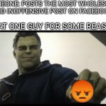 But why? | SOMEONE: POSTS THE MOST WHOLESOME AND INOFFENSIVE POST ON FACEBOOK; THAT ONE GUY FOR SOME REASON: | image tagged in hulk giving taco,anger,facebook,reactions,reaction | made w/ Imgflip meme maker