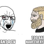 I Want A TV | TOO BAD, I HAVE EVERYTHING; I WANT A TV | image tagged in soyboy vs yes chad,tv | made w/ Imgflip meme maker