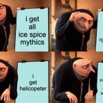 those annoying ahh fortnite one colered superhero skins | i get all ice spice mythics; i kill someone with rgs minigun; i get helicopeter; i got shot with a pump shotguned by those annoying ahh superhero skins | image tagged in memes,gru's plan | made w/ Imgflip meme maker