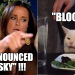 BLUE SKY | "BLOOSKEE"; IT'S PRONOUNCED "BLUE-SKY" !!! | image tagged in screaming lady n cat,twitter,bluesky,trump,elon musk | made w/ Imgflip meme maker