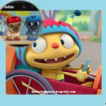 Henry hugglemonster rolly and bingo wearing helmets