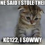 I didn't mean too man. | SOMEONE SAID I STOLE THEIR MEME; KC122, I SOWWY | image tagged in sad kitten | made w/ Imgflip meme maker