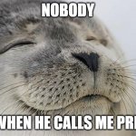 Satisfied Seal | NOBODY; ME WHEN HE CALLS ME PRETTY | image tagged in memes,satisfied seal | made w/ Imgflip meme maker