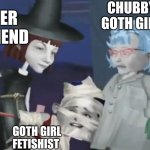 What is he listening to? | CHUBBY GOTH GIRL; HER FRIEND; GOTH GIRL FETISHIST | image tagged in listening to,memes,goth memes,angela anaconda | made w/ Imgflip meme maker