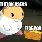 plz make this temp popular! | TIKTOK USERS; TIDE PODS | image tagged in goofy ahh hampter with cheez,memes,funny,tiktok,tiktok sucks,oh wow are you actually reading these tags | made w/ Imgflip meme maker