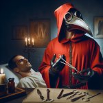 a red plague doctor messing up giving a patient treatment