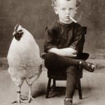 Vintage Chicken and smoking kid